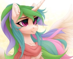 Size: 1280x1032 | Tagged: safe, artist:vird-gi, princess celestia, alicorn, pony, alternate hairstyle, cheek fluff, chest fluff, clothes, cute, cutelestia, ear fluff, ponytail, scarf, simple background, smiling, solo, spread wings, white background, wings