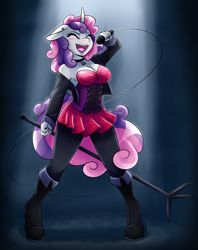 Size: 1294x1631 | Tagged: safe, artist:ambris, sweetie belle, anthro, unicorn, adorasexy, bell, bell collar, blushing, boots, breasts, choker, cleavage, clothes, collar, corset, cute, diasweetes, dress, ear piercing, earring, eyes closed, female, floppy ears, high heel boots, jacket, jewelry, leggings, mare, microphone, microphone stand, miniskirt, older, older sweetie belle, open jacket, open mouth, pantyhose, piercing, rocker, sexy, shoes, singer, singing, skirt, solo, sparkles, spotlight, sweetie boobs