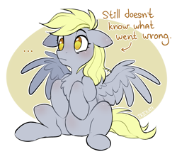 Size: 2309x2000 | Tagged: safe, artist:trickate, derpy hooves, pegasus, pony, ..., chest fluff, confused, cute, derpabetes, female, floppy ears, frown, high res, hooves to the chest, i just don't know what went wrong, mare, no pupils, outline, rcf community, sitting, sketch, solo, truth