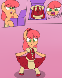Size: 1280x1603 | Tagged: safe, artist:lockheart, oc, oc only, oc:wafflecakes, earth pony, pony, bipedal, clothes, comic, curtsey, cute, dialogue, dress, hairband, hoof hold, looking down, open mouth, present, shoes, smiling, solo, stockings