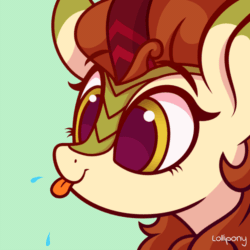 Size: 500x500 | Tagged: safe, artist:lollipony, part of a set, autumn blaze, kirin, :p, animated, awwtumn blaze, bust, cute, ear fluff, eye shimmer, female, happy, kirinbetes, mare, pbbtt, quadrupedal, raspberry, silly, simple background, smiling, solo, spit, spittle, tongue out, weapons-grade cute, ych result
