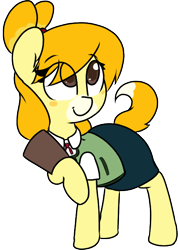 Size: 482x678 | Tagged: safe, artist:lockheart, dog, animal crossing, animal crossing: new leaf, clipboard, clothes, isabelle, looking up, ponified, skirt, solo