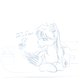 Size: 700x700 | Tagged: safe, artist:goat train, oc, oc only, oc:cumulonimbus, dialogue, macro, messy mane, monochrome, sick, simple background, size difference, sketch, white background