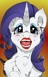 Size: 1596x2540 | Tagged: safe, artist:konigbouncer, rarity, pony, unicorn, chest fluff, lipstick, music notes, open mouth, singing, solo