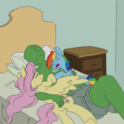 Size: 700x700 | Tagged: safe, artist:goat train, color edit, edit, fluttershy, rainbow dash, oc, oc:anon, human, pegasus, pony, anon gets all the mares, bed, colored, cuddling, cute, drool, eyes closed, female, harem, herding, hug, human on pony snuggling, lucky bastard, male, mare, on back, on side, open mouth, sketch, sleeping, smiling, snuggling, underhoof, winghug