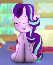 Size: 600x736 | Tagged: safe, artist:bastbrushie, part of a set, starlight glimmer, pony, unicorn, :3, animated, bastbrushie is trying to kill us, carpet, chest fluff, cute, daaaaaaaaaaaw, dancing, eyes closed, female, gif, glimmerbetes, happy, hnnng, mare, silly, sitting, solo, table, tongue out