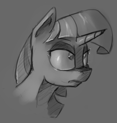 Size: 1336x1411 | Tagged: safe, artist:post-it, twilight sparkle, pony, bust, gray background, grayscale, monochrome, simple background, sketch, solo