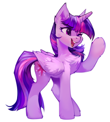 Size: 2768x3072 | Tagged: safe, artist:share dast, twilight sparkle, twilight sparkle (alicorn), alicorn, pony, absurd resolution, chest fluff, cute, ear fluff, eye clipping through hair, female, fluffy, leg fluff, mare, one eye closed, open mouth, raised hoof, simple background, solo, twiabetes, white background, wing fluff, wink