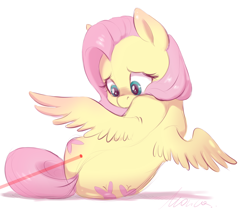 Size: 1884x1640 | Tagged: safe, artist:buttersprinkle, fluttershy, pegasus, pony, behaving like a cat, both cutie marks, cute, female, laser pointer, looking back, mare, shyabetes, simple background, solo, spread wings, white background, wings, worried