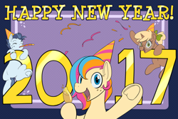 Size: 1200x800 | Tagged: safe, artist:goat train, oc, oc only, oc:copper chip, oc:golden gates, oc:silver span, pegasus, pony, unicorn, babscon mascots, bow, confetti, drink, drinking, glasses, happy new year 2017, hat, multicolored hair, new year, party hat, smiling, text, underhoof