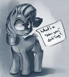 Size: 860x970 | Tagged: safe, artist:post-it, rarity, pony, unicorn, confused, dialogue, monochrome, new year, offscreen character, solo