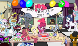 Size: 900x540 | Tagged: safe, artist:hattsy, artist:hipster-ponies, artist:lockheart, artist:rusticanon, artist:tigan, artist:vree, berry punch, berryshine, derpy hooves, discord, pinkie pie, oc, oc:dizzy cream, oc:hatter, oc:lockie, oc:tigan, pegasus, pony, collaboration, balloon, cake, female, flockdraw, flockmod, food, happy new year 2017, mare, multiple artists, new year, party, table