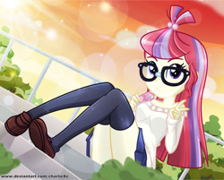 Size: 1025x826 | Tagged: safe, artist:charliexe, moondancer, equestria girls, bare shoulders, clothes, cute, drinking, equestria girls-ified, female, glasses, legs, looking at you, moe, peace sign, pleated skirt, schrödinger's pantsu, skirt, socks, thigh highs, thighs, zettai ryouiki