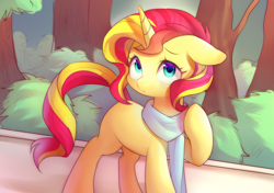 Size: 1700x1200 | Tagged: safe, artist:leafywind, sunset shimmer, pony, unicorn, clothes, cute, female, floppy ears, looking at you, mare, missing cutie mark, scarf, shimmerbetes, solo, starry eyes, wingding eyes