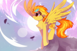 Size: 2449x1632 | Tagged: safe, artist:mirtash, spitfire, pegasus, pony, chest fluff, ear fluff, female, goggles, mare, moon, night, outdoors, profile, sky, smiling, solo, spread wings, stars, wings