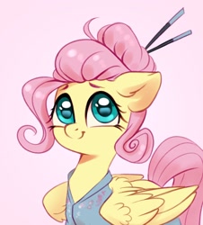 Size: 1724x1904 | Tagged: safe, artist:taneysha, fluttershy, pegasus, pony, alternate hairstyle, clothes, cute, female, hair bun, hairsticks, mare, pink background, shyabetes, simple background, smiling, solo