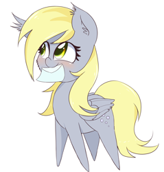 Size: 2200x2301 | Tagged: safe, artist:freefraq, derpy hooves, pegasus, pony, blushing, cute, female, letter, mare, mouth hold, pointy ponies, simple background, solo, white background