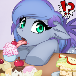 Size: 1300x1300 | Tagged: safe, artist:ynery, oc, oc:silver wing (batpony), bat pony, pony, apple, banana, bat pony oc, bat wings, cake, cherry, commission, cupcake, cute, fangs, food, licking, looking at you, open mouth, simple background, solo, tongue out, wings, your character here