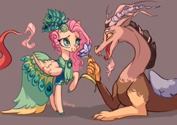 Size: 1920x1358 | Tagged: safe, artist:shore2020, discord, fluttershy, draconequus, pegasus, pony, clothes, discoshy, dress, female, flower, gala dress, male, mare, shipping, straight