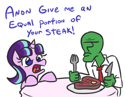 Size: 549x422 | Tagged: safe, artist:jargon scott, starlight glimmer, oc, oc:anon, human, pony, unicorn, clothes, dialogue, duo, female, food, frown, glare, human male, male, meat, open mouth, ponies eating meat, simple background, steak, table, that pony sure does love equality, this will end in pain, unamused, white background