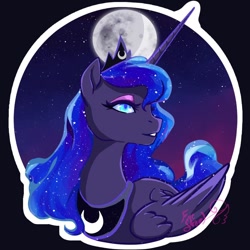 Size: 1000x1000 | Tagged: safe, artist:candasaurus, princess luna, alicorn, pony, catchlights, ethereal mane, female, highlights, jewelry, lidded eyes, mare, moon, night, sky, solo, starry mane, stars, sticker, tiara
