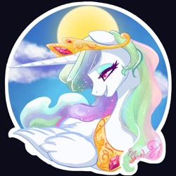 Size: 1000x1000 | Tagged: safe, artist:candasaurus, princess celestia, alicorn, pony, catchlights, cloud, female, highlights, jewelry, lidded eyes, mare, sky, solo, sticker, sun, tiara