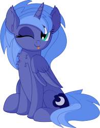 Size: 5844x7454 | Tagged: safe, artist:cyanlightning, princess luna, alicorn, pony, .svg available, :p, absurd resolution, blinking, cute, ear fluff, female, lunabetes, mare, one eye closed, s1 luna, simple background, sitting, smiling, solo, tongue out, transparent background, vector