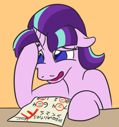 Size: 754x804 | Tagged: safe, artist:jargon scott, starlight glimmer, pony, unicorn, f, failure, floppy ears, inequality, inequality sign, math, open mouth, orange background, sad, simple background, solo, stupidity, test, that pony sure does love equality