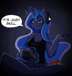 Size: 1006x1077 | Tagged: safe, artist:ikarooz, princess luna, alicorn, anthro, breasts, cleavage, clothes, digital art, female, gamer luna, headphones, solo, video game