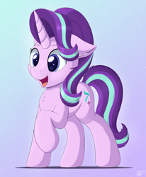 Size: 3300x4000 | Tagged: safe, artist:arcane-thunder, starlight glimmer, pony, unicorn, blue background, cheek fluff, chest fluff, cute, ear fluff, female, floppy ears, glimmerbetes, gradient background, happy, mare, open mouth, raised hoof, simple background, smiling, solo