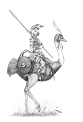 Size: 1000x1461 | Tagged: safe, artist:baron engel, zecora, anthro, bird, ostrich, unguligrade anthro, zebra, axe, breasts, female, jewelry, mare, monochrome, pencil drawing, shield, skimpy outfit, staff, traditional art, weapon, ze-bra buster