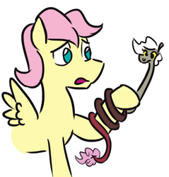 Size: 434x454 | Tagged: safe, artist:jargon scott, butterscotch, discord, eris, fluttershy, pegasus, pony, snake, coils, hisscord, rule 63, shapeshifting, simple background, white background