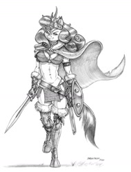 Size: 1000x1316 | Tagged: safe, artist:baron engel, autumn blaze, anthro, kirin, unguligrade anthro, armor, barbarian, belt, boots, breasts, buckler, busty autumn blaze, cape, chainmail, chainmail bikini, cleavage, clothes, female, gloves, grayscale, implied autumnjack, loincloth, midriff, monochrome, muscles, muscular female, pencil drawing, shield, shoes, simple background, solo, sword, traditional art, unconvincing armor, weapon, white background