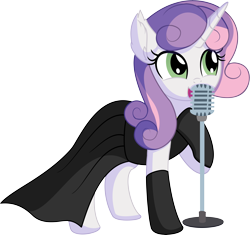 Size: 6776x6363 | Tagged: safe, artist:cyanlightning, sweetie belle, pony, unicorn, .svg available, absurd resolution, audrey hepburn, beautiful, black dress, breakfast at tiffany's, clothes, cute, diasweetes, dress, elegant, evening gloves, female, gloves, gown, holly golightly, jewelry, jewels, little black dress, long gloves, mare, microphone, older, older sweetie belle, simple background, singing, smiling, solo, svg, transparent background, vector