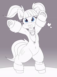 Size: 2925x4004 | Tagged: safe, artist:pabbley, pacific glow, earth pony, pony, armpits, belly button, bipedal, cute, female, frog (hoof), glowbetes, happy, heart, high res, leg warmers, mare, monochrome, neo noir, open mouth, pacifier, partial color, pigtails, smiling, solo, underhoof