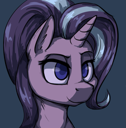 Size: 877x887 | Tagged: safe, artist:duop-qoub, artist:post-it, starlight glimmer, pony, unicorn, blue background, bust, colored pupils, dark background, ear fluff, female, lidded eyes, mare, portrait, simple background, smiling, solo, style emulation