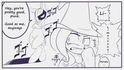 Size: 1024x576 | Tagged: safe, artist:kaikoinu, limestone pie, trixie, pony, bipedal, jojo's bizarre adventure, menacing, monochrome, ゴ ゴ ゴ