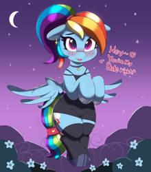 Size: 4304x4892 | Tagged: safe, artist:pabbley, rainbow dash, pegasus, pony, absurd resolution, adorasexy, alternate hairstyle, beautiful, beautisexy, blushing, choker, clothes, crescent moon, cute, daaaaaaaaaaaw, dashabetes, date night, dialogue, dress, ear piercing, eyelashes, female, flying, heart, heart eyes, hoof polish, hooves to the chest, little black dress, looking at you, mare, moon, night, piercing, ponytail, rainbow dash always dresses in style, see-through, sexy, shoes, socks, solo, stars, stupid sexy rainbow dash, tail wrap, thigh highs, tomboy taming, wingding eyes, zettai ryouiki