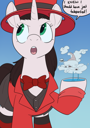 Size: 700x1000 | Tagged: safe, artist:goat train, oc, oc only, oc:abel, pony, unicorn, clothes, cloudsdale, dialogue, female, giant pony, giant unicorn, macro, magician, mare, open mouth, raised hoof, solo, speech bubble