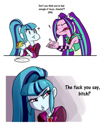 Size: 1752x2144 | Tagged: safe, artist:ponut_joe, aria blaze, sonata dusk, equestria girls, clothes, exclamation point, female, food, open mouth, question mark, sonataco, taco, that girl sure loves tacos, this will end in tears, vulgar