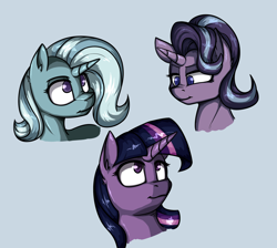 Size: 1280x1148 | Tagged: safe, artist:duop-qoub, artist:post-it, starlight glimmer, trixie, twilight sparkle, twilight sparkle (alicorn), alicorn, pony, blue background, bust, counterparts, lidded eyes, nose wrinkle, portrait, simple background, twilight's counterparts