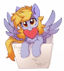 Size: 1841x2048 | Tagged: safe, artist:share dast, derpy hooves, pegasus, pony, box, cute, derpabetes, female, looking at you, mare, mouth hold, pony in a box, smiling, solo, spread wings, wings