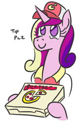 Size: 448x661 | Tagged: safe, artist:jargon scott, princess cadance, alicorn, pony, c:, cadance's pizza delivery, cute, cutedance, food, hat, hoof hold, peetzer, pizza, pizza delivery, simple background, smiling, solo, tip, white background