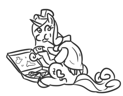 Size: 489x383 | Tagged: safe, artist:jargon scott, princess cadance, alicorn, pony, cadance's pizza delivery, eating, food, monochrome, peetzer, pizza, pizza delivery, solo, that pony sure does love pizza