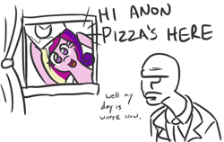 Size: 622x392 | Tagged: safe, artist:jargon scott, princess cadance, oc, oc:anon, human, cadance's pizza delivery, cute, food, frown, grumpy, hi anon, hoof hold, open mouth, peetzer, pizza, pizza delivery, smiling, unamused, window