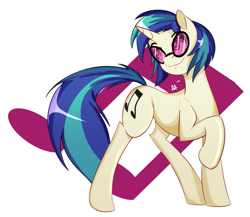 Size: 751x651 | Tagged: safe, artist:shelltoon, dj pon-3, vinyl scratch, pony, unicorn, female, glasses, music notes, raised hoof, simple background, solo