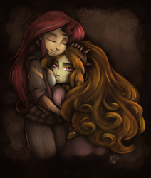 Size: 2200x2600 | Tagged: safe, artist:ponut_joe, adagio dazzle, sunset shimmer, equestria girls, adoragio, antagonist, boob smothering, breast pillow, cuddling, cute, eyes closed, female, high res, hug, lesbian, looking at you, petting, shimmerbetes, shipping, smothering, sunsagio