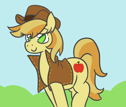 Size: 666x565 | Tagged: safe, artist:jargon scott, bailey sweet, braeburn, earth pony, pony, chubby, hat, plump, rule 63, smiling, solo