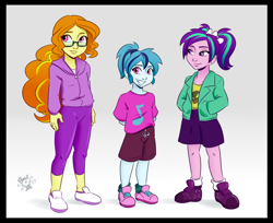 Size: 1280x1047 | Tagged: safe, artist:ponut_joe, adagio dazzle, aria blaze, sonata dusk, equestria girls, alternate hairstyle, arm behind back, clothes, female, glasses, grin, hands in pockets, hoodie, jacket, looking at you, nerddagio, pants, pigtails, ponytail, running shoes, shirt, shoes, shorts, simple background, skirt, smiling, the dazzlings, white background, younger, zipper