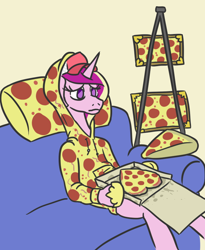 Size: 658x801 | Tagged: safe, artist:jargon scott, princess cadance, alicorn, pony, semi-anthro, cadance's pizza delivery, cap, clothes, empty eyes, female, floppy ears, food, frown, hat, heart, hoodie, hoof hold, mare, meat, no catchlights, no pupils, peetzer, pepperoni, pepperoni pizza, picture, pillow, pizza, pizza box, sad, simple background, sitting, sofa, solo, sweater, that pony sure does love pizza